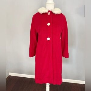 Vintage 1960s Red Women's Coat with White Fur Collar Dressy Christmas Holiday M